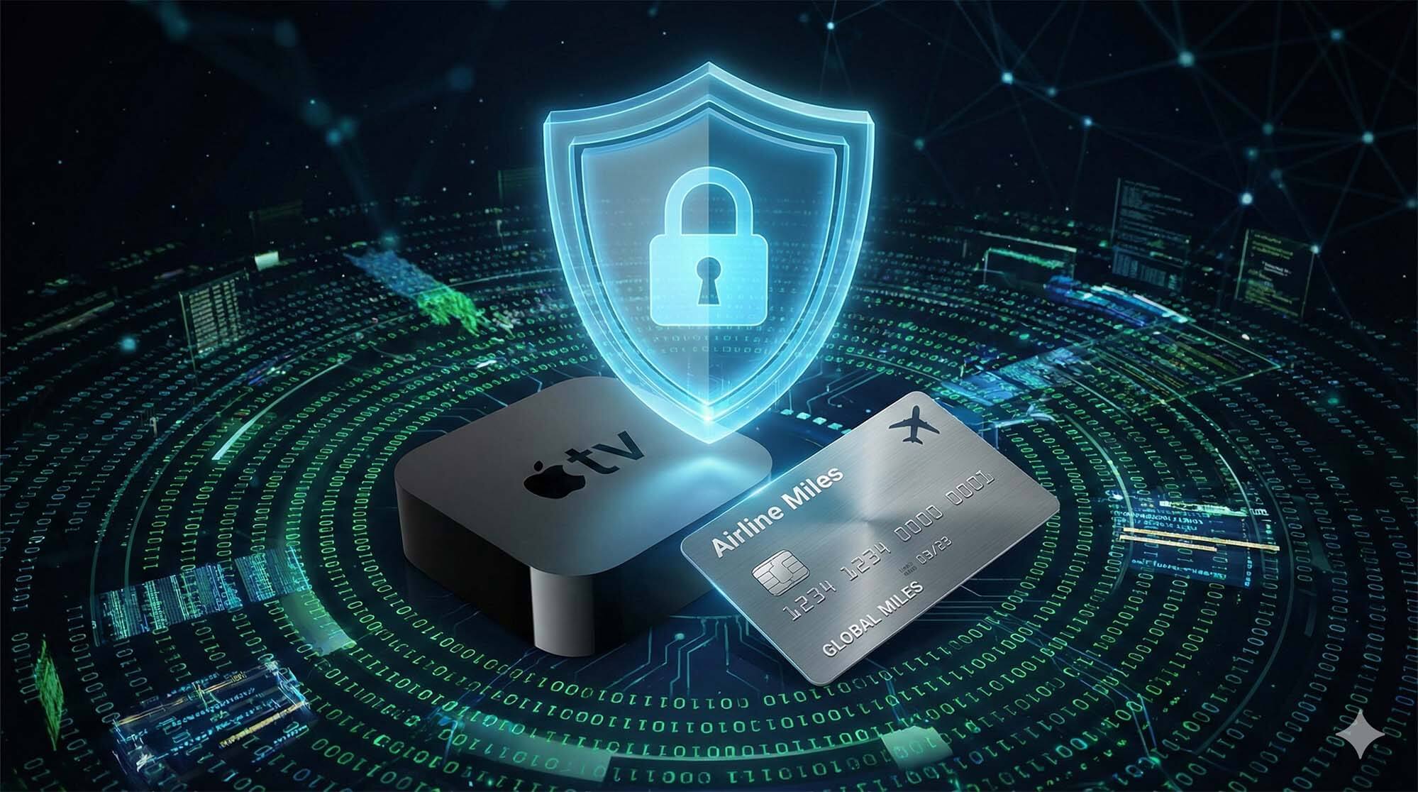一個數位盾牌圖示保護著 Apple TV 機上盒與華航哩程卡，背景是模糊的網路數據流，象徵在複雜網路環境中的安全交易 / Digital shield icon protecting Apple TV box and China Airlines mileage card, background is blurred internet data stream, symbolizing safe transaction in complex network environment.
